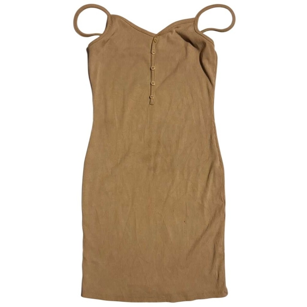 Popular 21 Tan Ribbed Henley Bodycon Mini Dress Womens Large Sleeveless Camel